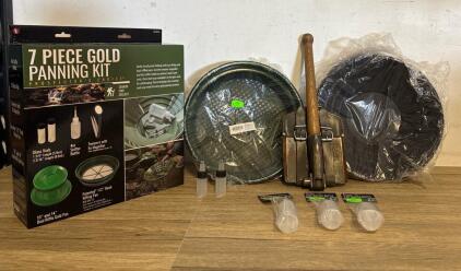 Gold Panning Kit 7pc, Dual Riffle Pans, Snifter Bottle, Vials, Classifier, Military Entrenching Tool