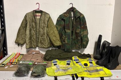 Military Surplus Lot Size Small Field Jacket, Quilted Liner, Boots, Overalls, SWAT Pads, Police Vests Lot