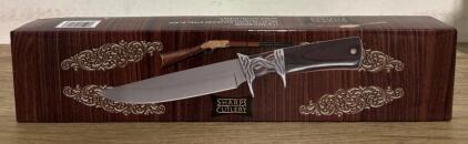 Sharps Cutlery Fixed-Blade Bowie Knife, 6.5" Stainless Blade, Wood Handle, Leather Sheath, Boxed