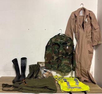 Surplus Lot Size Small: Rothco SWAT Knee Pads, Military Insulated Overalls, Field Jacket, Boots, Hi-Vis Vest