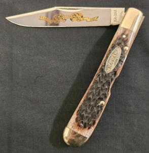 KA-BAR Collectors Knife Club 1993 Limited Folding Pocket Knife, Clip Point, Jigged Bone Handle