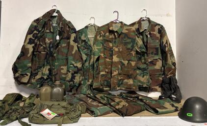 US Army Woodland Camo BDU Gear Lot Size Medium: ALICE Vest, 6&frac12;R Boots, PASGT Helmet, Fox Bag