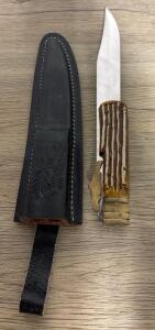 Fixed Blade Hunting Knife, Stag Handle, 5-6" Blade, Leather Sheath, Brass Guard
