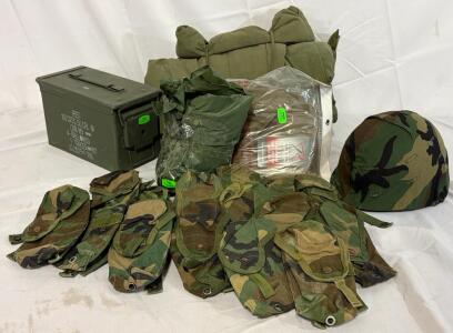 Military Supplies Including Helmet, Ammo Can, Sleeping Bag, Pouches & More