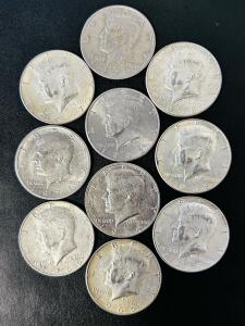 Lot of 10 Kennedy Half Dollar Coins, 1967-1992, Mixed 40% Silver and Clad, Circulated
