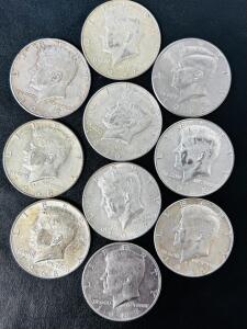 10 Kennedy Half Dollar Coins - 1966-1968 40% Silver, 1983 & 1993 Clad, Circulated Lot