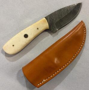Custom Damascus Fixed Blade Knife, Bone Handle & Leather Sheath | 7.5&rdquo; Overall