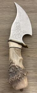 Custom Fixed-Blade Knife, 5" Etched Steel Blade, Antler Handle, Ornate Scrollwork, 9" Overall
