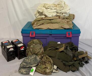 Military Goods Including Feild Phones (Not Working), Pack Covers, Straps, Storage Tub & More