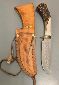 Custom Bowie Knife &ndash; 10.5" Overall, 5" Blade, Stag Handle, Leather Sheath, Brass Guard