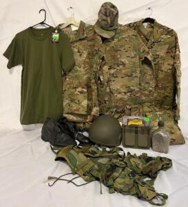 Military Clothing & Accessories &mdash; Size Medium Tops & Bottoms, Helmet, Boots, Vest & More