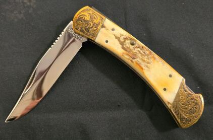 KA-BAR Stag Handle Lockback Folding Knife, Brass Engraved Bolsters, Serial 6000