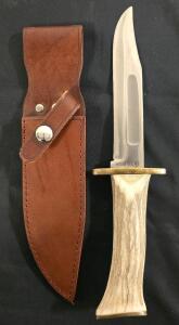 KA-BAR USMC Stag Handle Fixed Blade Knife, Leather Sheath, Brass Guard & Pommel, 6.25" Blade