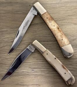 Werner&rsquo;s Cullman AL Alabama Trapper & Feather Etch Folding Pocket Knives, Bone Handles, USA