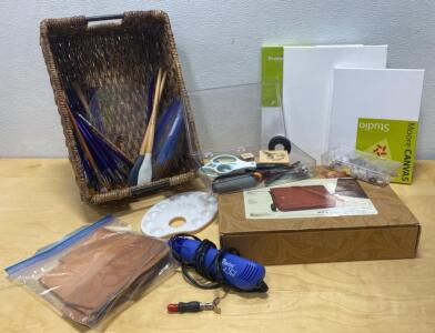 Crafting Lot - Leather Messager Bag Kit - Art Canvases- Paint Brushes - Heat Gun and More
