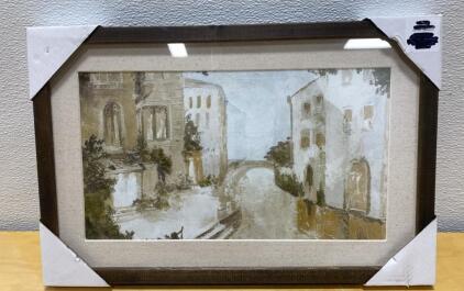 Framed Cityscape Painting, Acrylic or Oil on Canvas, 12x18 Rustic Wood Frame, Neutral Colors