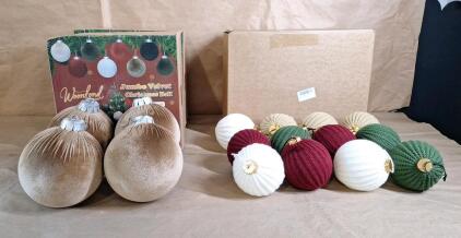 (2) 4-Piece Sets Of 6" Jumbo Velvet Christmas Balls & (2) 12-Piece Sets Of 4" Chrochet Christmas Balls