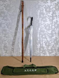 (1) Wooden Walking Stick, 44"T, (1) Clear Umbrella & (1) Fishing Rod & Gear Bag