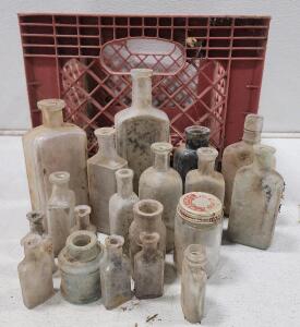 (19) Assortment of Vintage Old Glass Bottles (1) Vintage Red Plastic Milk Crate
