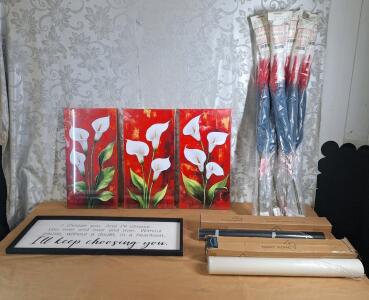 (1) 3-Panel - Lilys - Canvas Wall Art Print Set, (1) Wooden Wall Art Sign, (8) Packs Of Foux Pampas Grass & (2) Rolls Of Textured Wallpaper