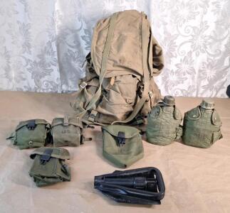 (1) Canvas Backpack, (2) Canteen, (3) Canvas Belt Pouches & (1) Folding Shovel