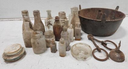 (17) Assortment of Vintage Old Glass Bottles (1) Vintage Metal Baking Pan And More