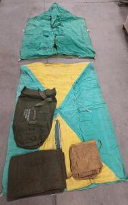 (2) Small Canvas Tents W/O Poles, (1) Wool Blanket, (1) Canvas Duffel Bag & (1) Small Canvas Bag