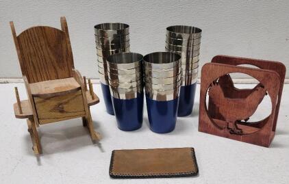 Set of 20 Stackable Stainless Steel Blue Tumblers, 12 oz, Silver/Blue Two-Tone Cups, Chicken napkin holder, little wooden rocking chair decor, and wallet.