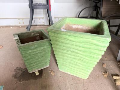 Square Green Ceramic Planter Set, Textured Tapered Design, 12" & 9" Sizes, Drain Holes