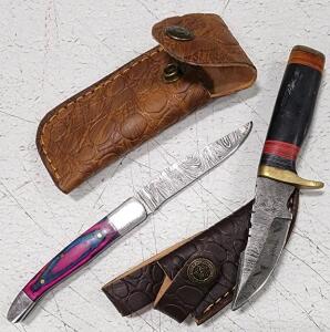 (1) Fixed Blade Damascus Steel Utility Knife With Resin Handle And Sheath (1) Damascus Steel Pocket Knife With Wood Handle And Sheath