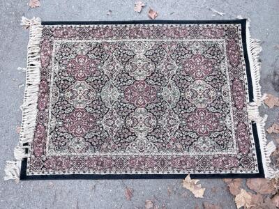 Persian-Style Black & Burgundy Area Rug, Approx. 4'x6', Fringed Edges, Machine-Made