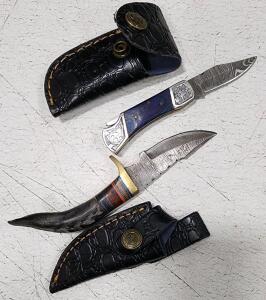 (1) Fixed Blade Damascus Steel Utility Knife With Antler Handle And Sheath (1) Damascus Steel Pocket Knife With Wood Handle And Sheath