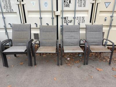 Set of 6 Stackable Outdoor Patio Chairs, Powder-Coated Metal Frame, Gray Mesh, 36"H. Pair of Stackable Outdoor Patio Chairs, Metal Frame with Mesh Seats, Black & Gray, Armrests.