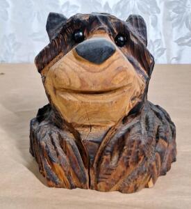 (1) 7"T Handcrafted Wooden Bear Bust