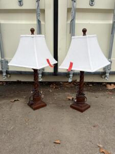 Pair of 26" Wood Table Lamps with White Fabric Square Shades, Twisted Column Design, Plug-in