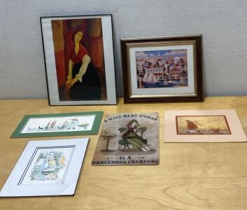 6-Piece Art Print Lot: Framed Woman & Harbor Scenes, Alice in Wonderland, Matted Prints - Various Sizes