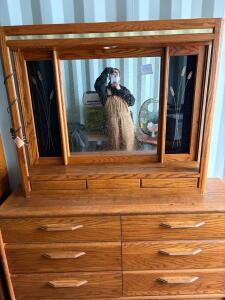 Lighted Oak Dresser & Mirror Set, Wheat Motif Etched Glass, 6+ Drawers, 1980s-1990s, 72" Wide