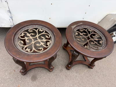 Ashley Furniture Nestor T499-6 Round End Tables, 26" Glass & Metal Insert, Set of 2, One Glass Broken
