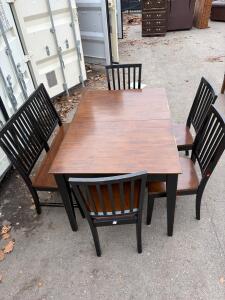 Rectangular Extendable Dining Table with 4 Slat-Back Wood Chairs, Slat-Back bench, Brown/Black Finish, 60"x36"