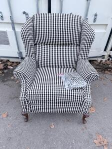 Traditional Wingback Armchair, Black & White Checked Upholstery, Solid Wood Cabriole Legs, Extra Fabric