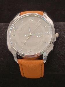 Analog Quartz Wristwatch, Silver Dial, Orange Band, Stainless Steel Back, Water Resistant, Boxed
