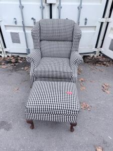 Black & White Gingham Wingback Armchair & Ottoman Set, Queen Anne Legs, Rolled Arms, 41"x33"x32"