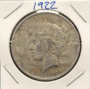 1922 Peace Dollar Silver Coin, Circulated, Philadelphia Mint, 90% Silver, 38.1mm Diameter