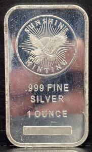 Sunshine Minting 1 oz .999 Fine Silver Bar MintMark SI Security Eagle Design USA