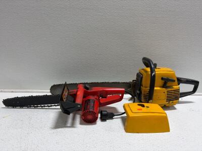 Partner 5000 Plus Gas Chainsaw, Oregon 20" Bar/Chain, Electric Chainsaw w/ 16" Bar Included. Powers on.