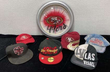 San Francisco 49ers Clock - (6) Baseball Caps - 49ers - Vegas Raiders - Bedazzled Flag