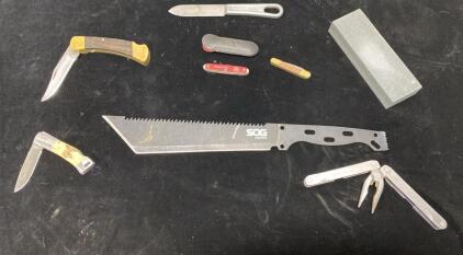 SOG SOGFARI 18" Machete, Leatherman PST, Victorinox, Case, Buck-Style Knife, Stone, Lot of 8 Tools