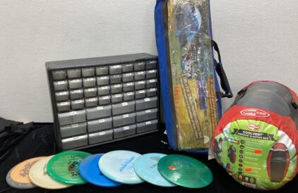 Sleepcell Sleeping Bag - 13&rsquo;x10&rsquo; Two Room Tent- (7) Frisbee Golf Discs - Wall Organizer