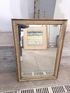 Ornate Gold Framed Wall Mirror, Baroque Style, 34x26 in, Floral Scroll Design, Vintage