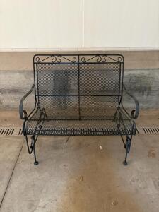 Black Wrought Iron Outdoor Patio Bench & Ottoman Set, Vintage Mesh Garden Loveseat, 48" Wide, 2-Seat
